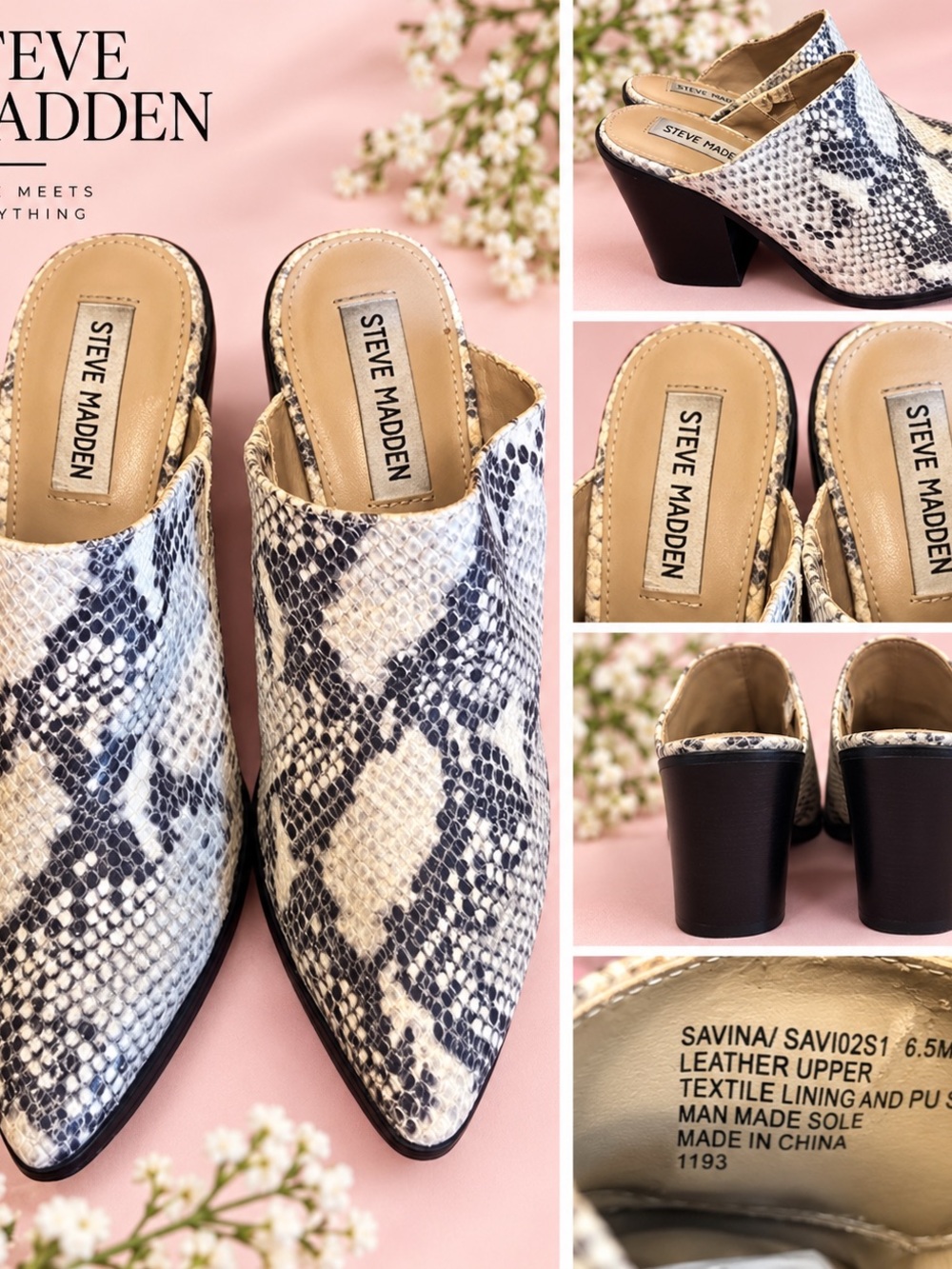 Steve Madden Savina Snakeskin Print Pointed Toe Mules Block Heel Size 6.5